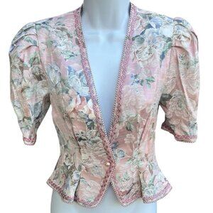 Vintage Women's Jacket Blazer Pink Floral Brocade Pearl Trim Puff Sleeve Size 2